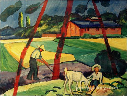 Landschaft mit Bauer, Junge und Ziege, August Macke painting